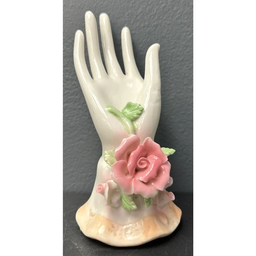 K's Collection Porcelain Hand Pink Rose Jewelry Ring Display Holder